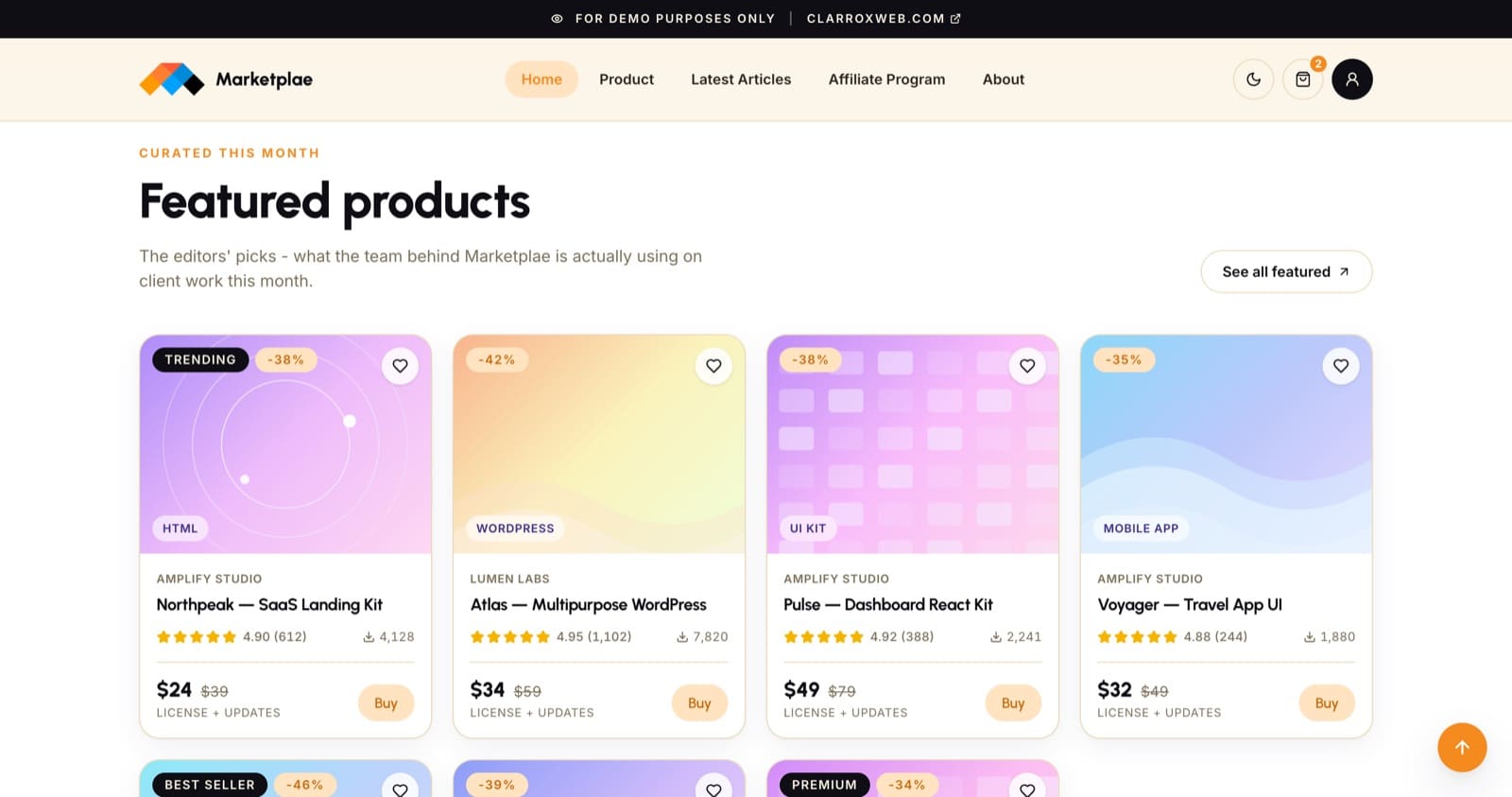 Marketplae home page featured products section with pricing and ratings