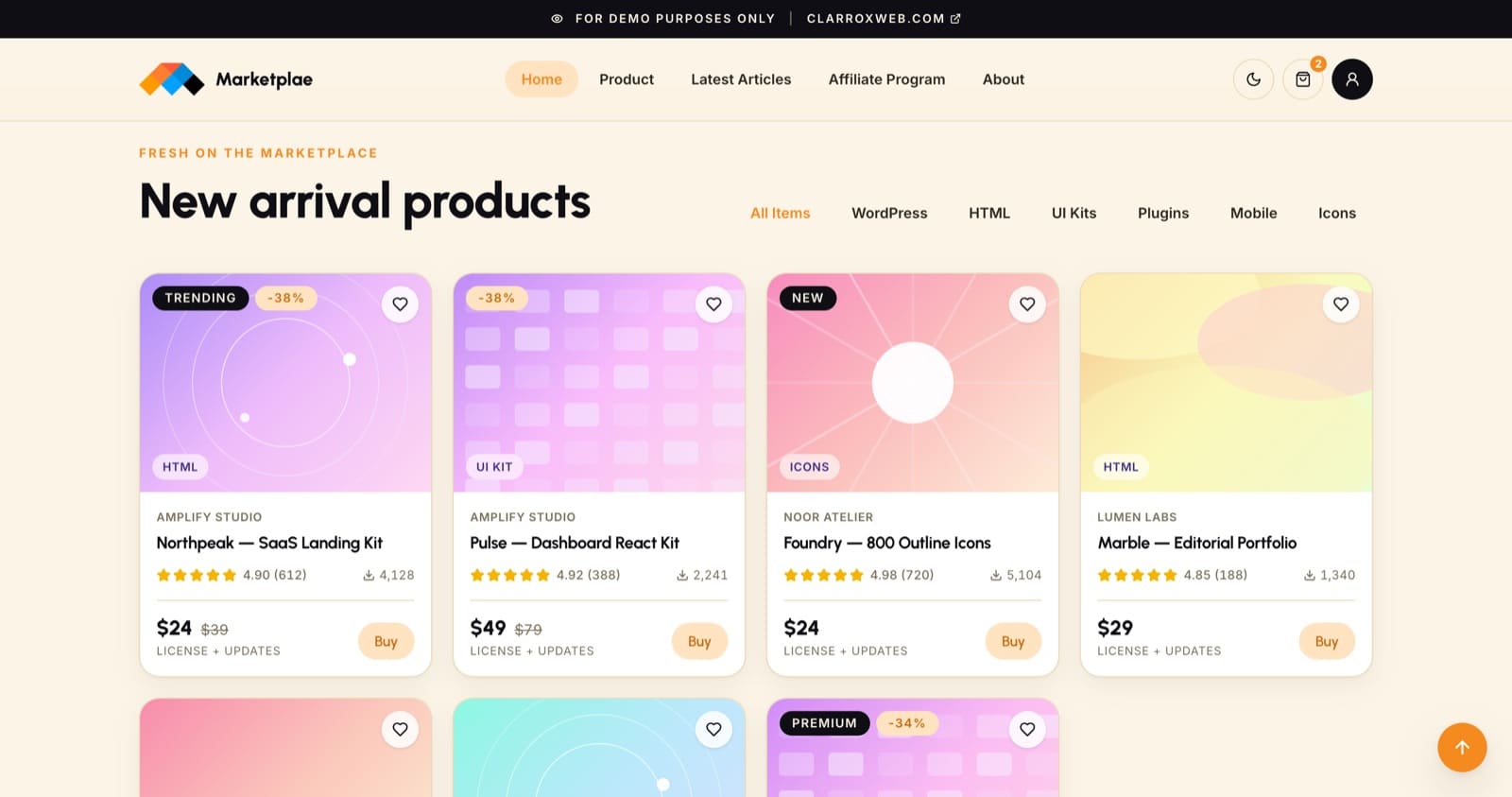 Marketplae new arrivals section with category tabs