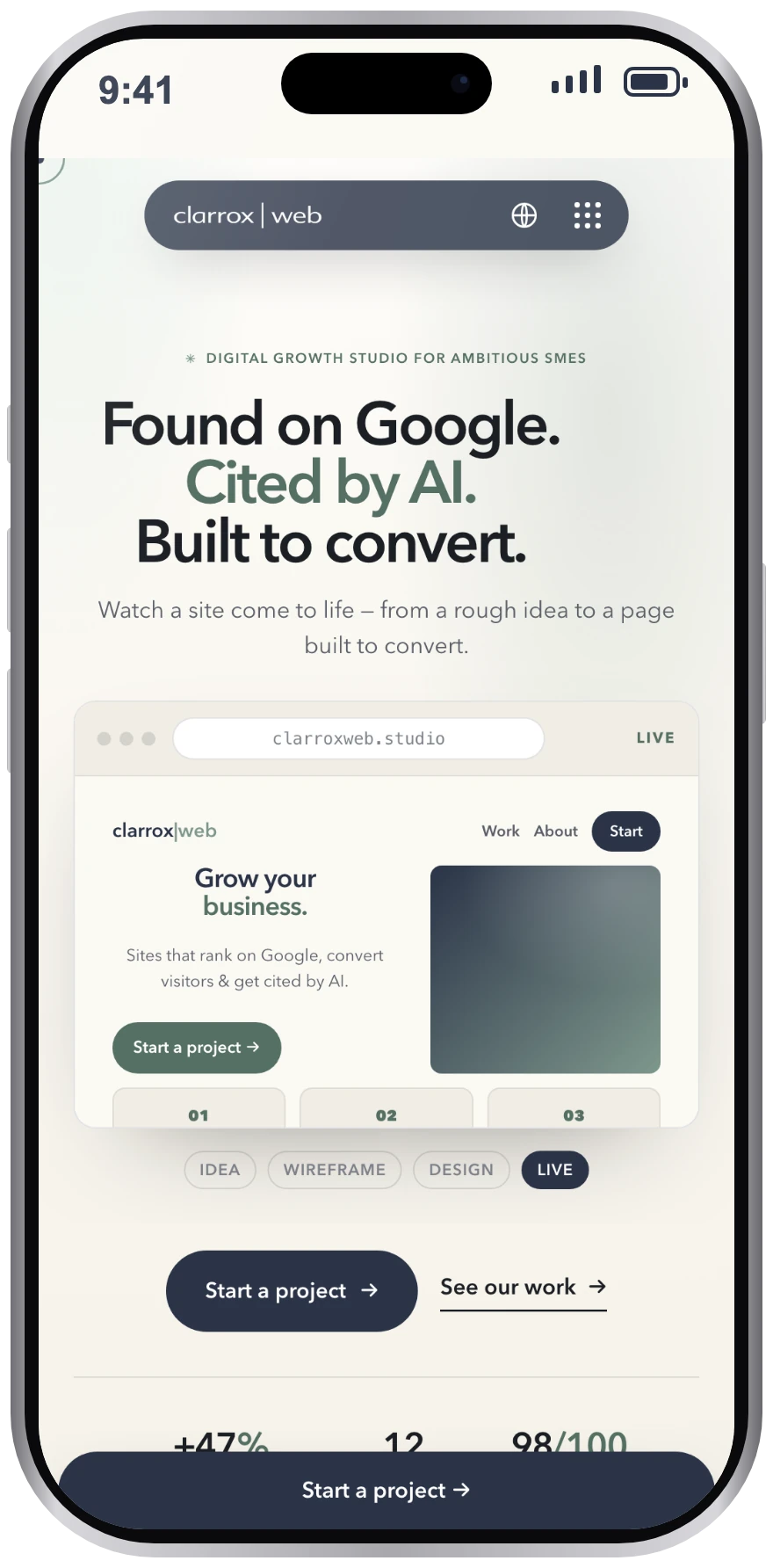 ClarroxWeb homepage on an iPhone 15 Pro — mobile layout