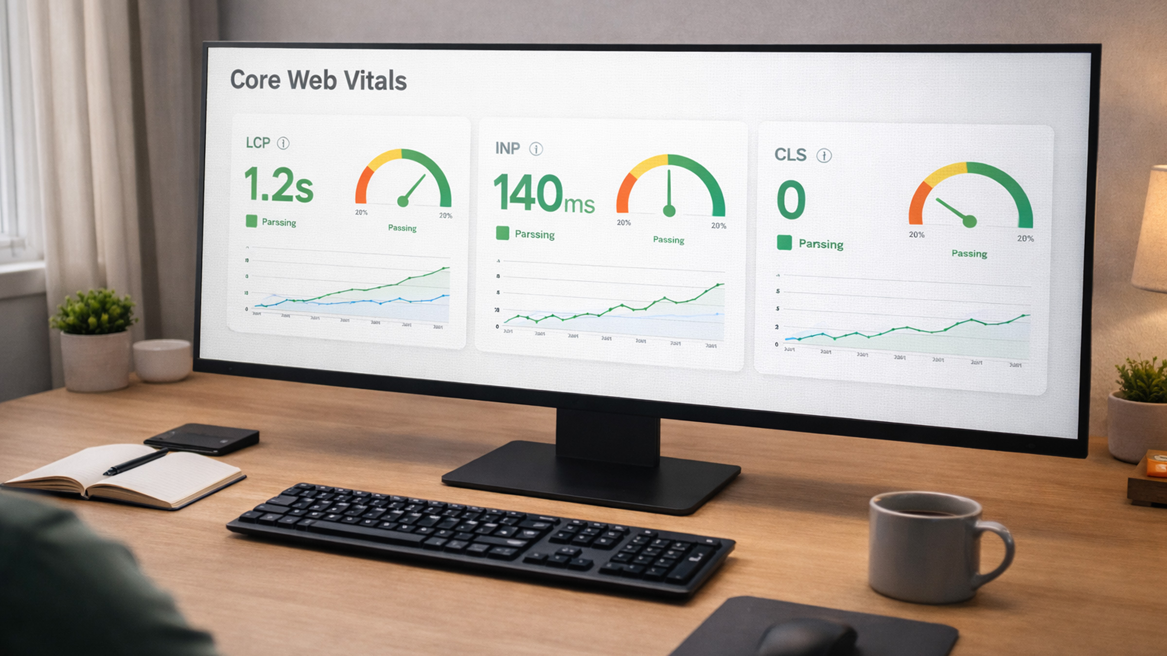Core Web Vitals dashboard showing LCP, INP, and CLS metrics on a modern monitor in a clean developer workspace