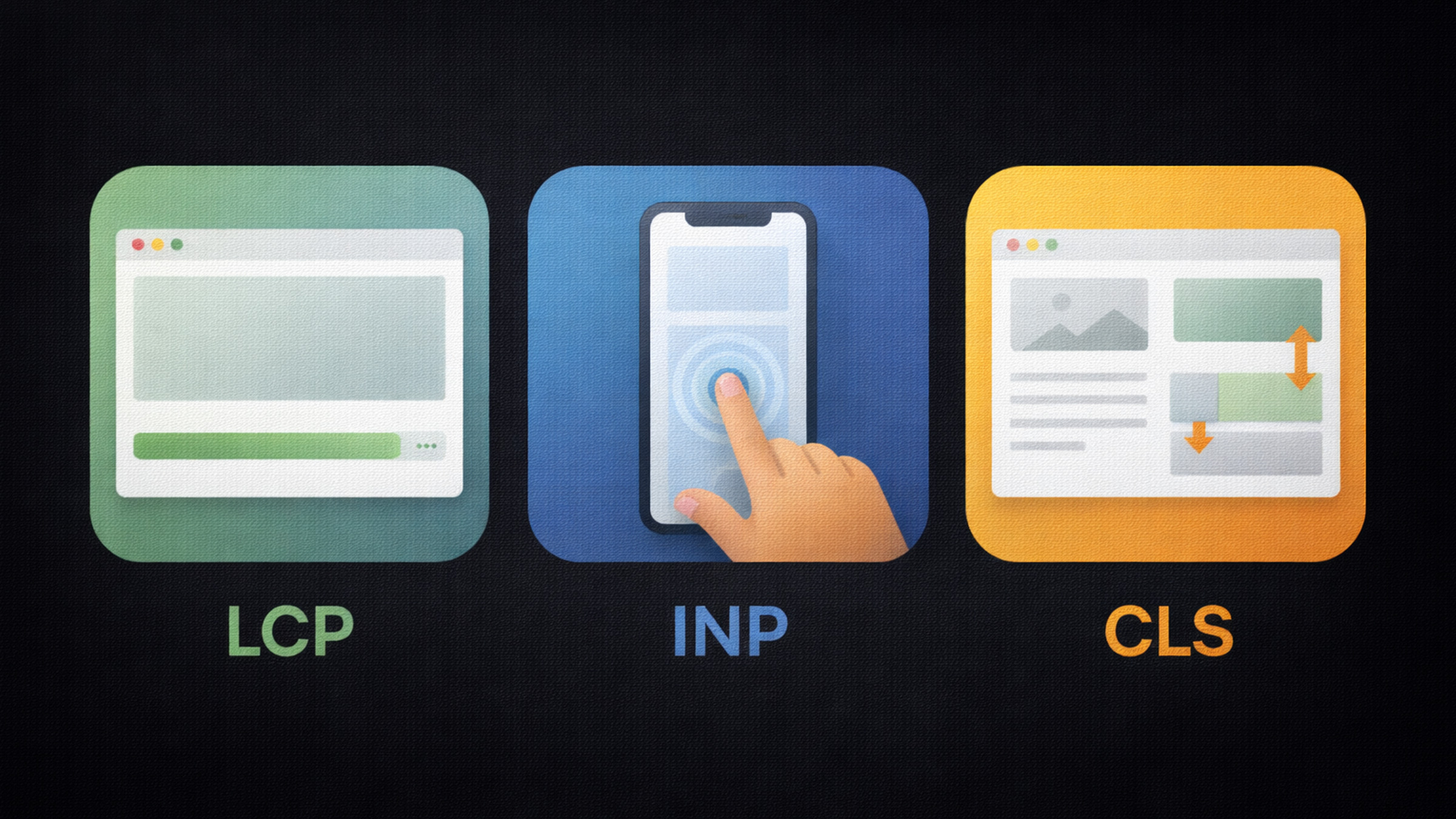 Visual breakdown of the three Core Web Vitals metrics, LCP for loading, INP for interactivity, and CLS for visual stability