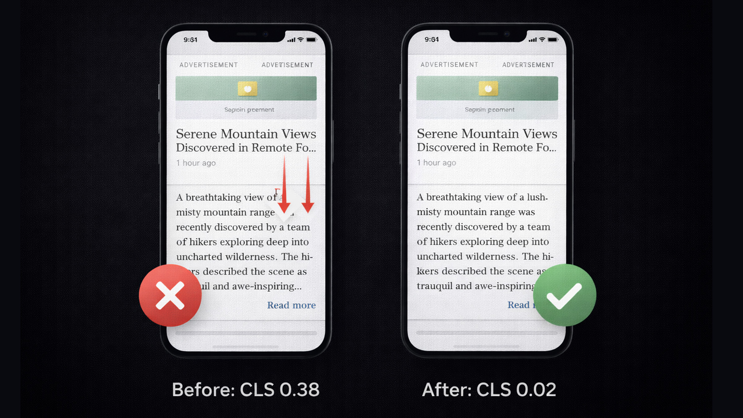 Before and after comparison showing a webpage with layout shift problems versus a stable layout with proper image dimensions