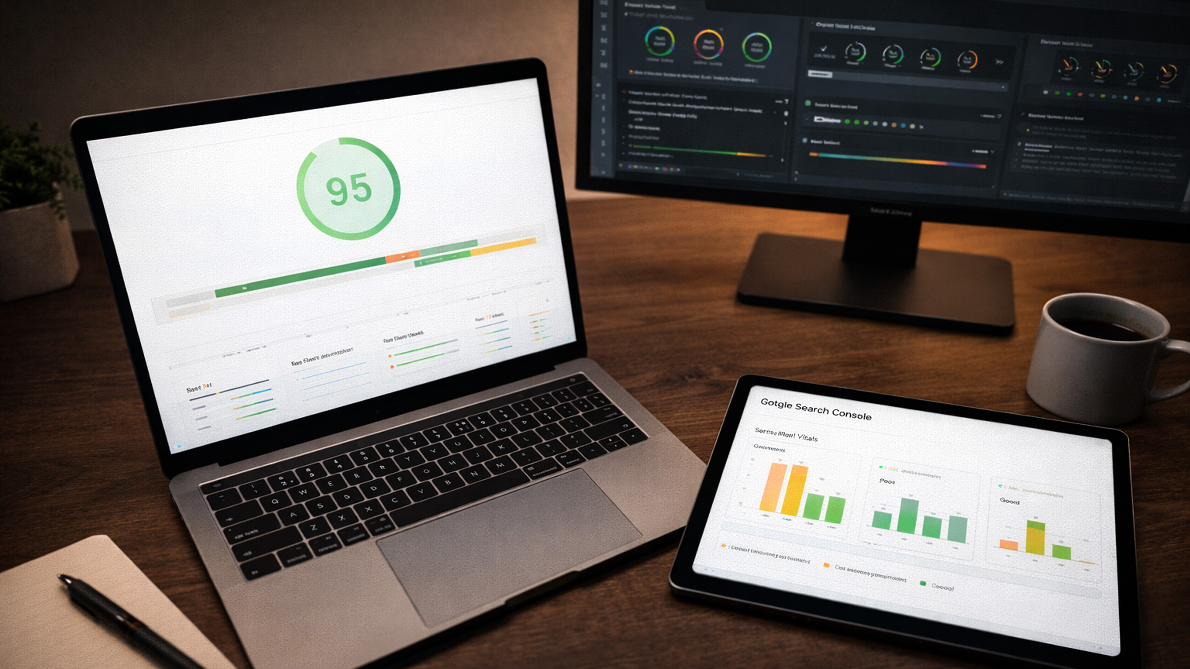Collage of Core Web Vitals measurement tools including PageSpeed Insights, Google Search Console, and Chrome DevTools Lighthouse
