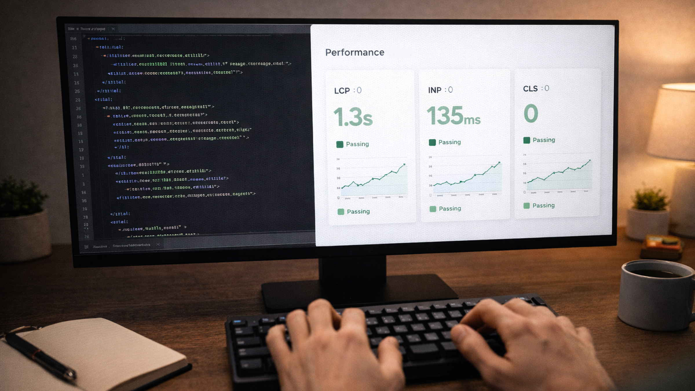 Developer optimizing website performance with code editor and performance metrics dashboard showing improving scores