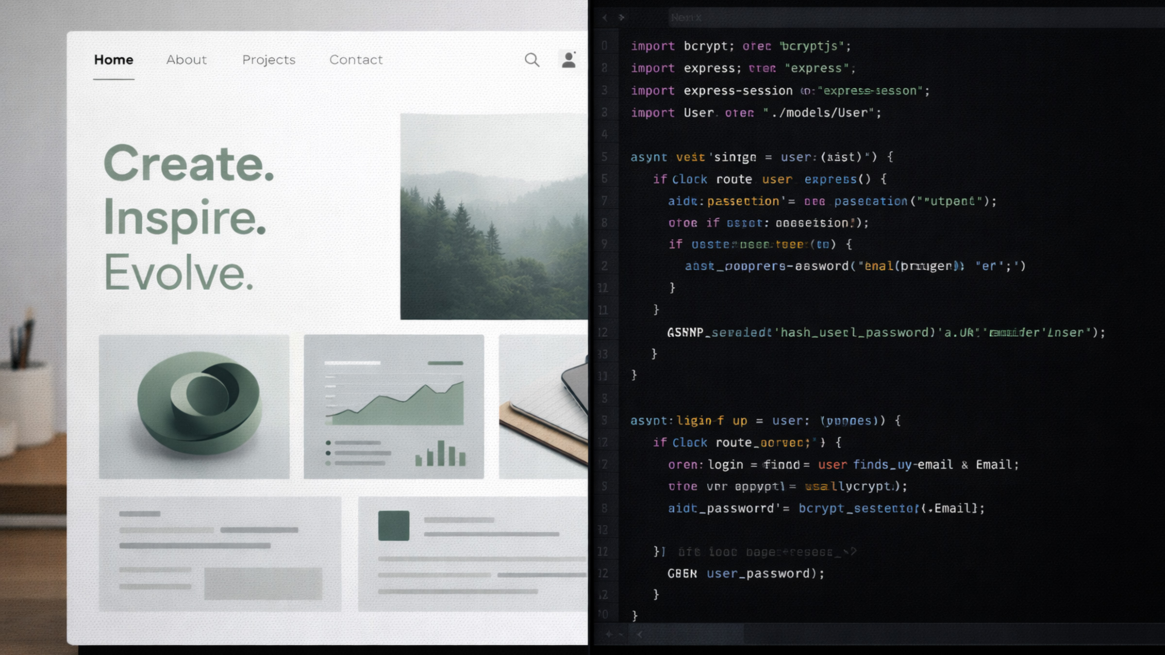 Split-screen comparison of front-end user interface design and back-end server code representing the two sides of web development
