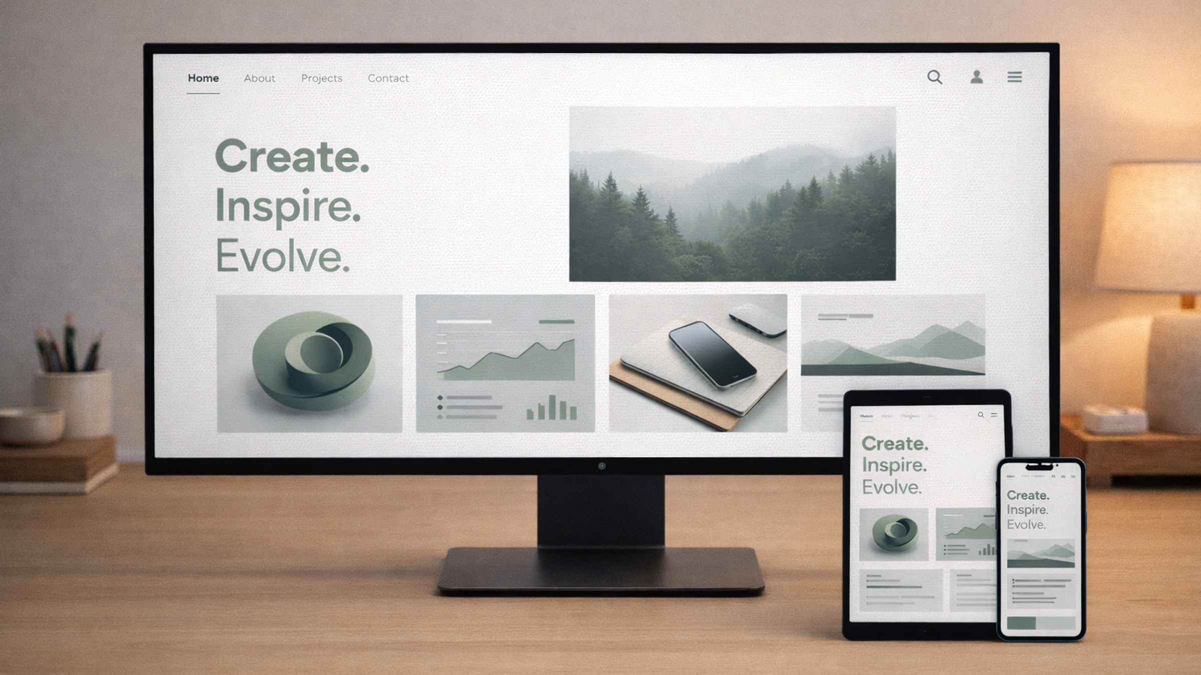 Front-end developer workspace showing responsive website design across multiple device screens