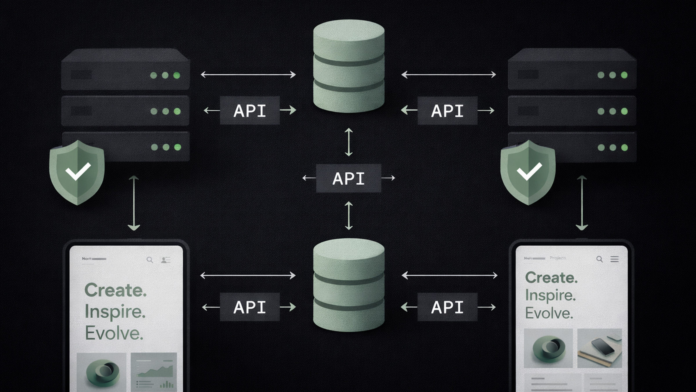 Back-end server architecture visualization showing databases, APIs, and server connections
