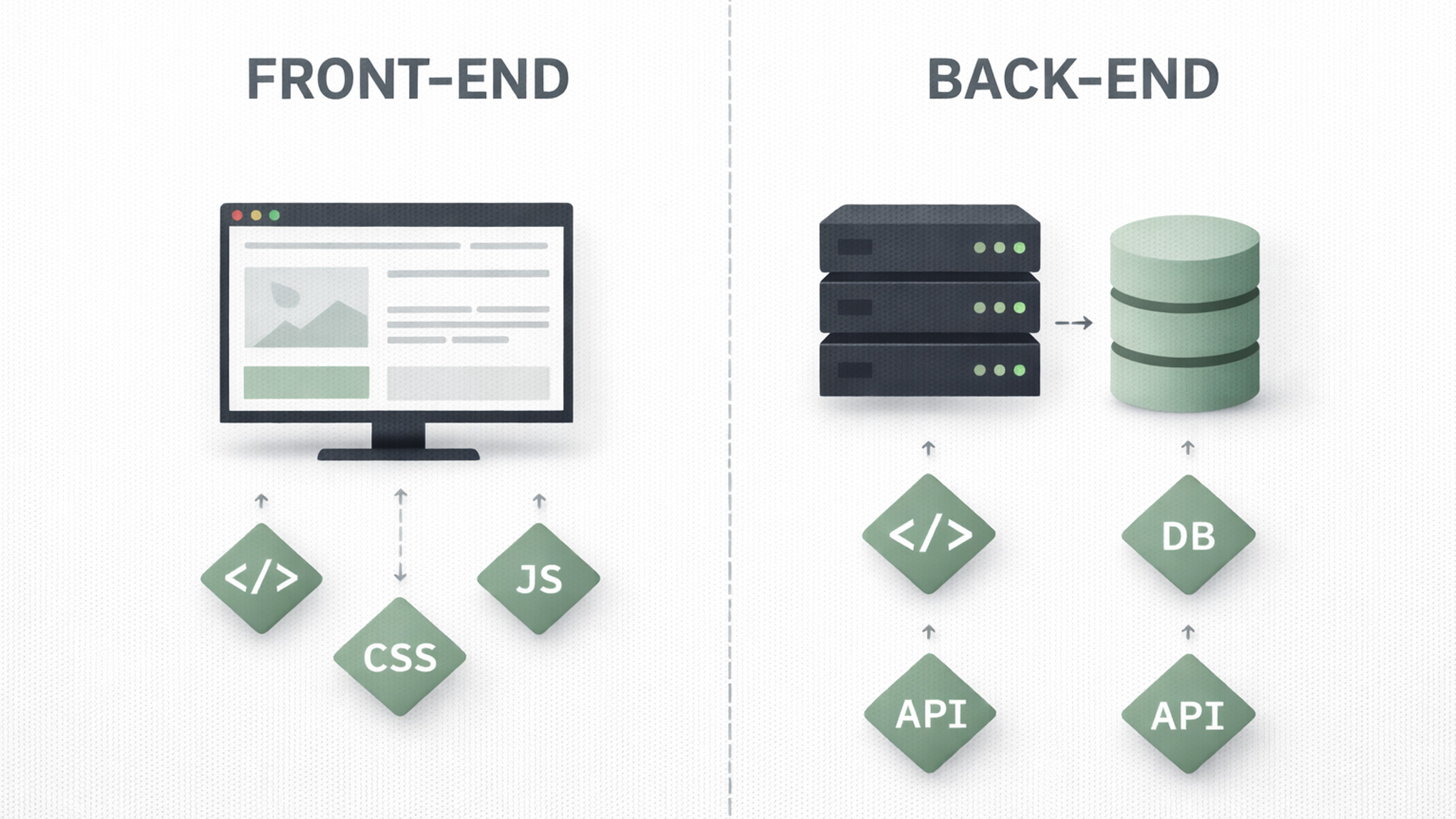 Visual comparison chart showing key differences between front-end and back-end web development