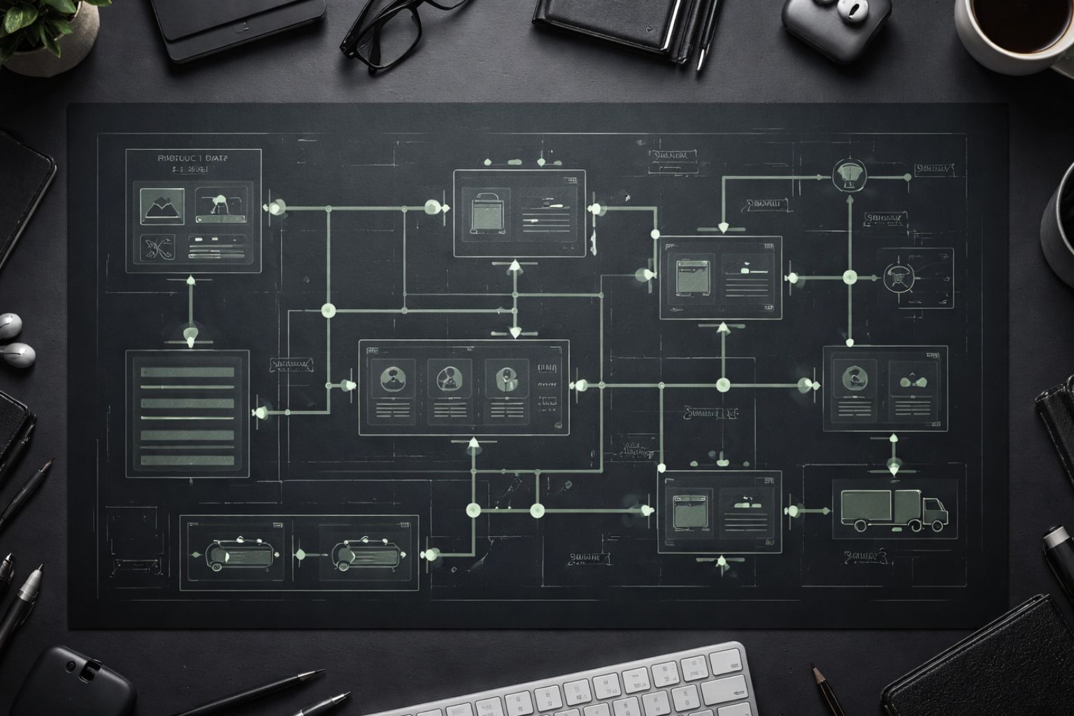 Modern e-commerce architecture blueprint showing structured product data flows and system components on a dark workspace