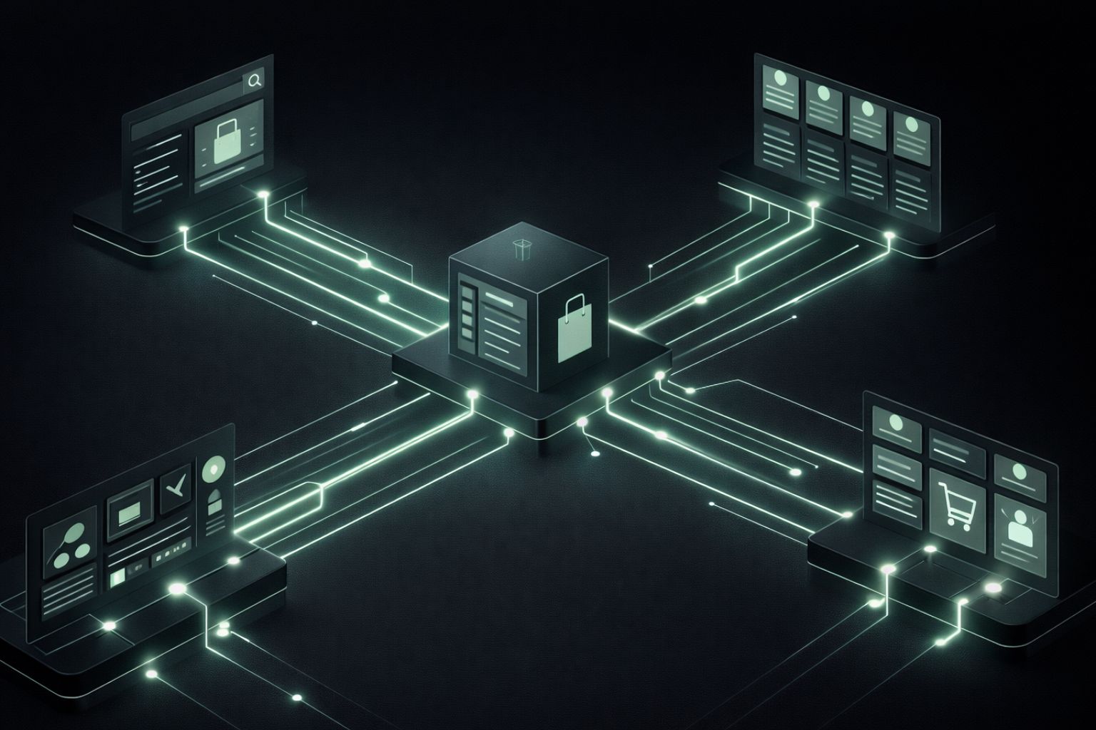 Visualization of the modern e-commerce discovery landscape showing product data flowing through Google Shopping, social feeds, and marketplace surfaces
