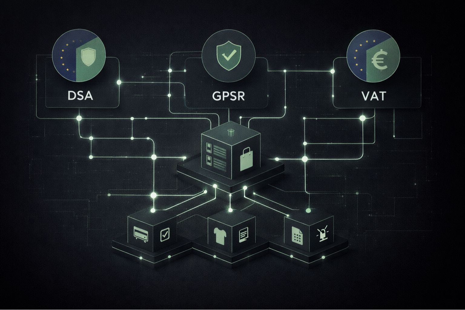 EU regulatory landscape for e-commerce showing DSA, GPSR, and VAT OSS compliance requirements mapped to store components
