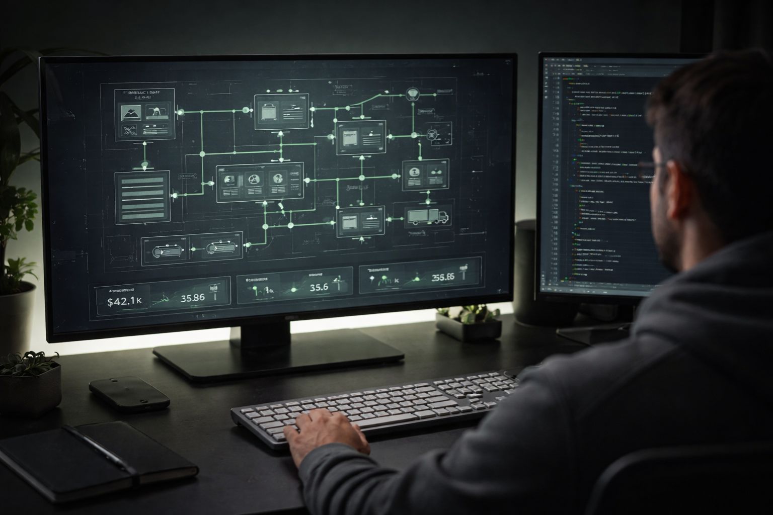 Developer workspace showing e-commerce system architecture planning with data flow diagrams and performance metrics on screen