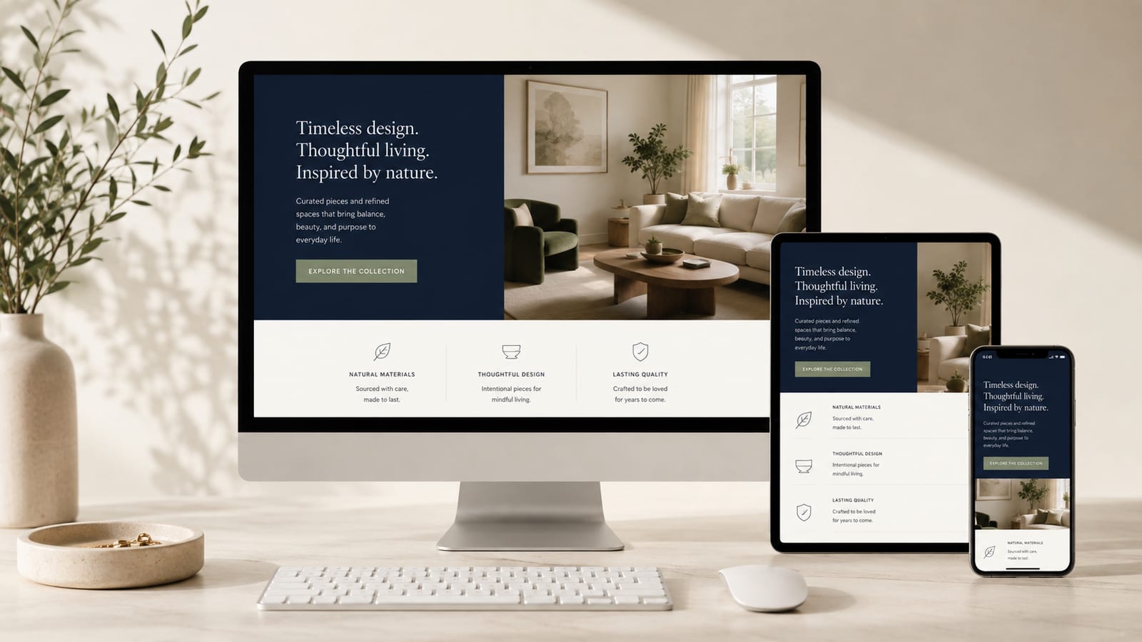 Responsive web design shown across desktop, tablet, and phone screens in a clean studio