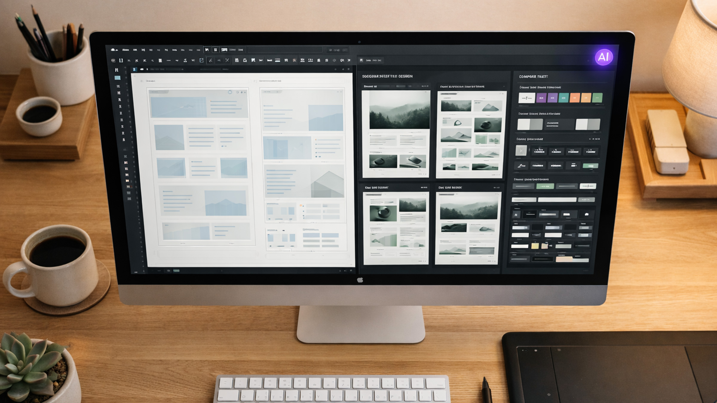 Designer using AI-powered tools to generate web design layouts and color palettes