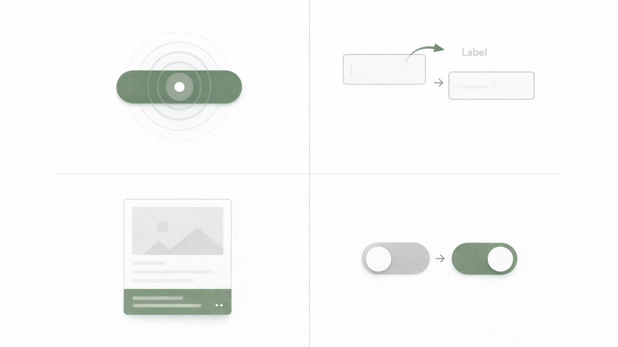 Four examples of web micro-interactions: button click feedback, floating labels, hover reveals, and toggle animations