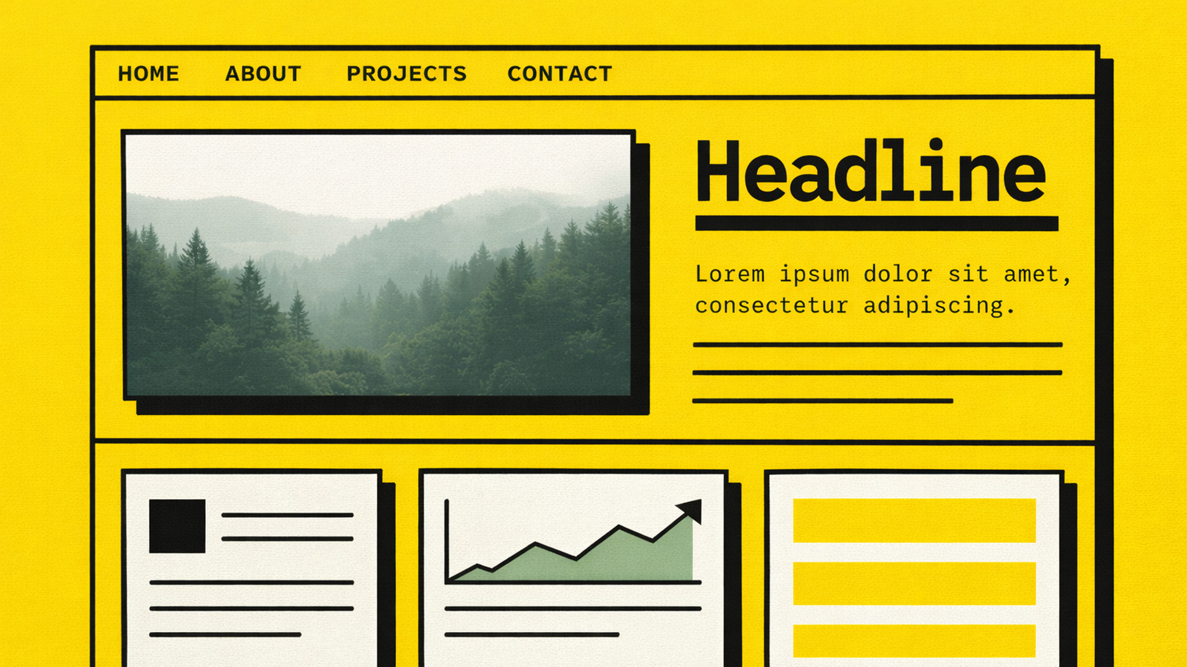 Neo-brutalist website design with thick black borders, bold typography, and vivid accent colors