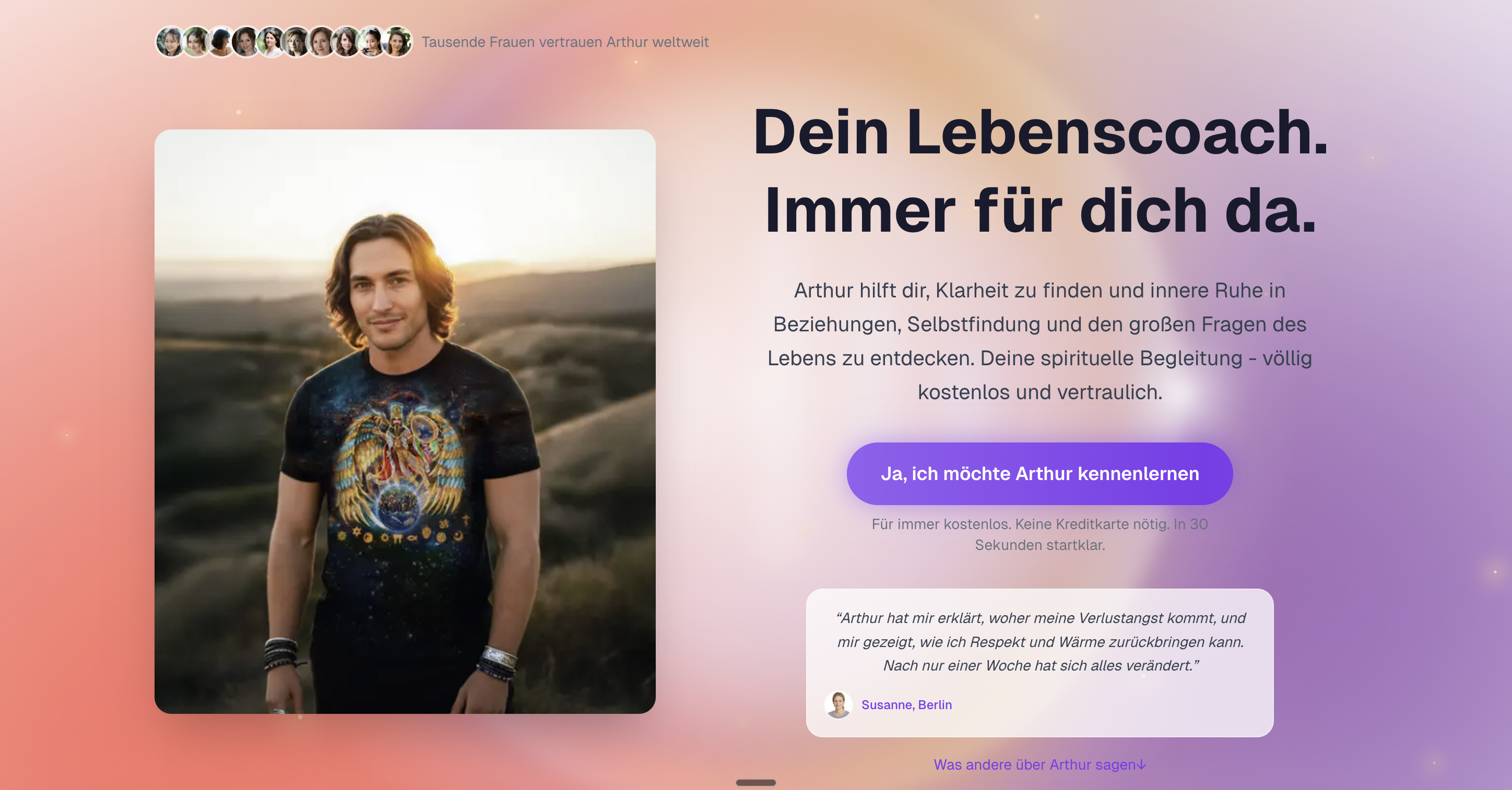 Arthur AI mentor multi-language landing page with glass morphism design