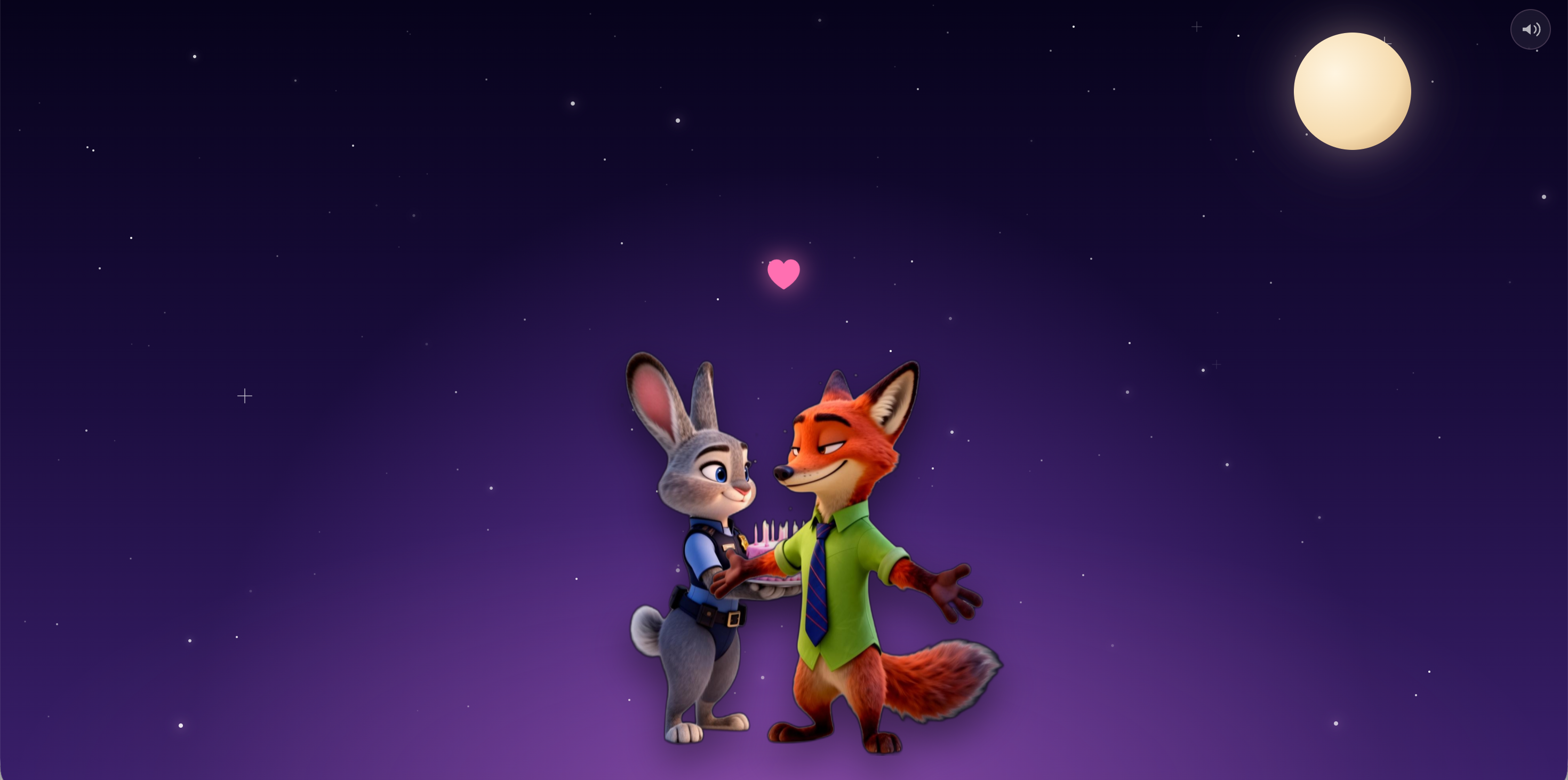 Animated birthday microsite featuring Zootopia-inspired night sky scene with Nick and Judy