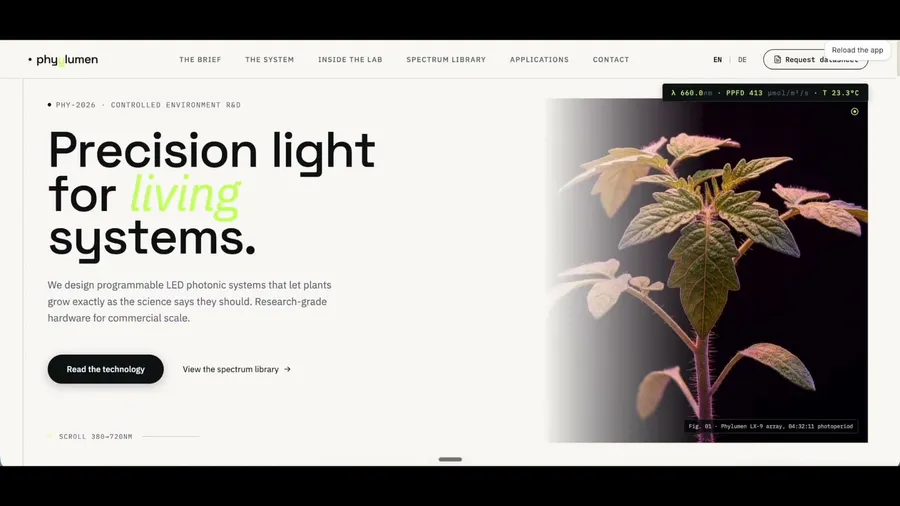 Hero de la web de fotónica hortícola de Phyylumen