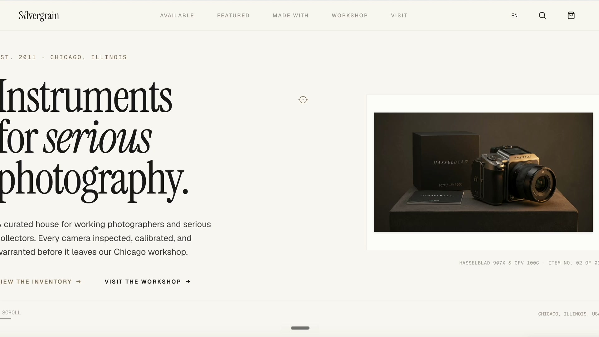 Silvergrain premium camera storefront website hero