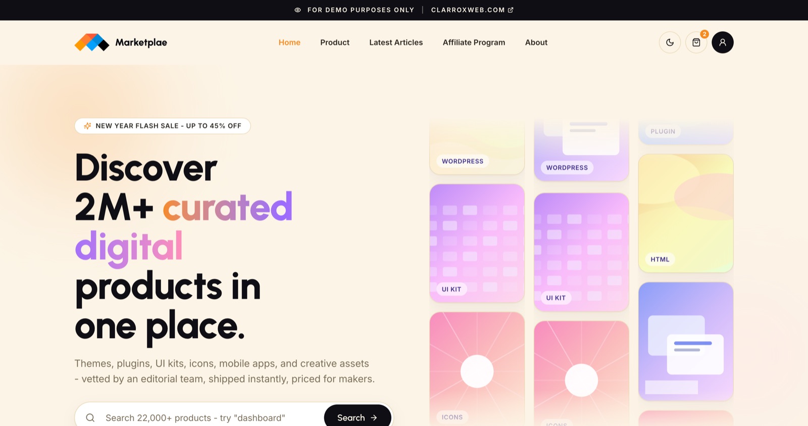 Marketplae digital products marketplace home page with category grid, featured products, and light/dark theme system